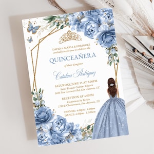 Dusty Blue Floral Quinceañera Invitation Editable Instant Download Template, Baby Blue Sweet 16 Princess Birthday Digital Invitation, QC32