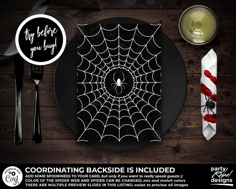 May include: A black and white spider web design with a spider in the center. The design is on a black background and is perfect for a Halloween party.