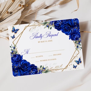 Royal Blue Floral RSVP Invitation Editable Template Instant Download, Quinceañera Kindly Reply Butterfly Card, Sweet 16, RSVP49