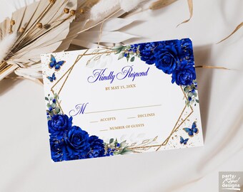 Royal Blue Floral RSVP Invitation Editable Template Instant Download, Quinceañera Kindly Reply Butterfly Card, Sweet 16, RSVP49