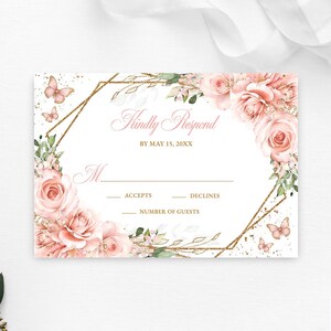 Blush Floral RSVP Editable Invitation Template Instant Download, Pink and Gold Quinceañera Kindly Reply Butterfly Card, Sweet 16, RSVP08