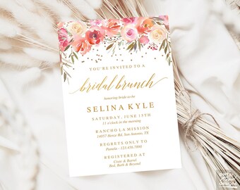May include: A white bridal brunch invitation with a floral design in shades of pink, orange, and yellow. The text reads "You're invited to a bridal brunch honoring bride-to-be Selina Kyle. Saturday, June 15th 11 o'clock in the morning Rancho La Mission 14057 Henze Rd, San Antonio, TX Regrets only to Pamela 123.456.7890 Registered at Crate & Barrel Bed, Bath & Beyond"