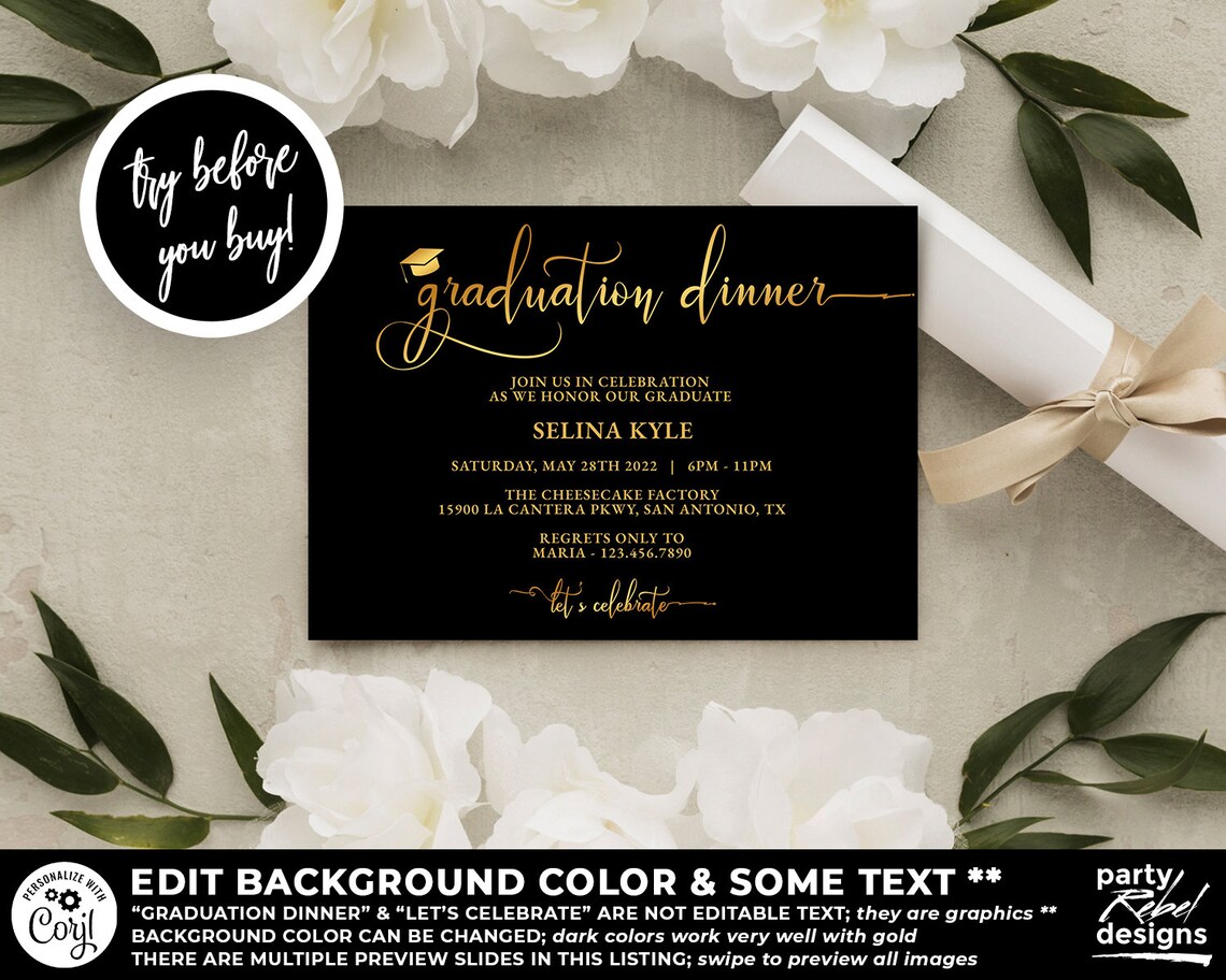 Gold Graduation Dinner Party Invitation Printable Template, Grad Party ...