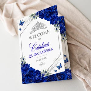 Royal Blue and Silver Floral Quinceañera Bi-Fold Program Instant Download Editable Template, Padrinos, Court of Honor, Mis Quince Años, QC49