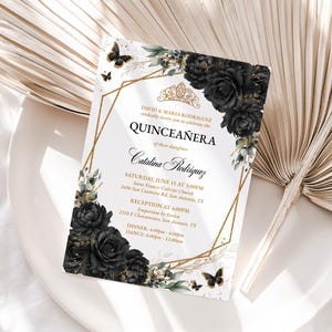 Elegant Midnight Black & Gold Floral Quinceañera Invitation, Editable Template, Printable 15th Birthday Invite, Sweet 16 Birthday PDF, QC51