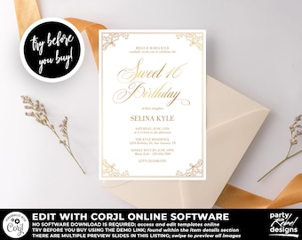 Sweet Sixteen Invitation Instant Download, Gold Sweet 16 Invitation Template, Elegant Sweet 16 Instant Download, Victorian Birthday, BD06