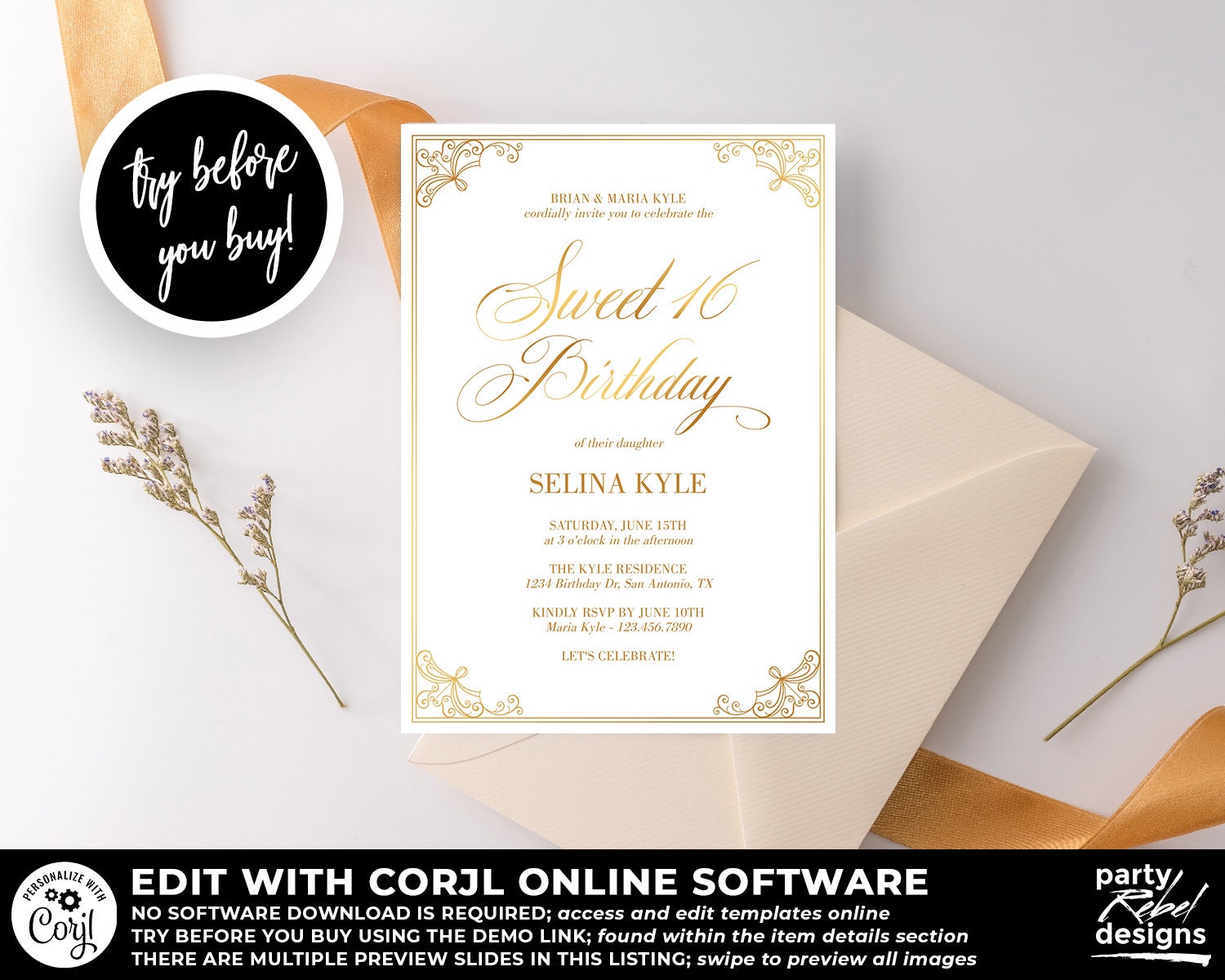 Sweet Sixteen Invitation Instant Download, Gold Sweet 16 Invitation Template,  Elegant Sweet 16 Instant Download, Victorian Birthday, BD06 - Etsy, image size:1500x1200