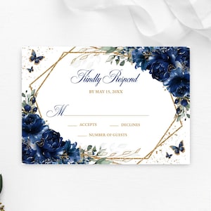 Navy Blue Floral RSVP Editable Invitation Template Instant Download, Kindly Reply Butterfly Flowers Card, Quinceañera Sweet 16, Corjl RSVP24