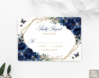 Navy Blue Floral RSVP Editable Invitation Template Instant Download, Kindly Reply Butterfly Flowers Card, Quinceañera Sweet 16, Corjl RSVP24