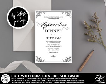 Appreciation Dinner Invitation Printable Template, Appreciation Party Invitation, Gold Dinner Invitation Template, Editable PDF, DP16