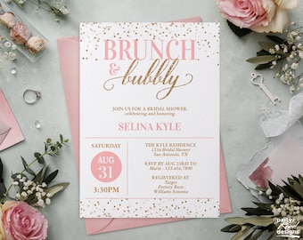 Blush Pink and Gold Brunch & Bubbly Bridal Shower Invitation Template - Instant Download with Gold Glitter Dots, Chic Invite, Corjl BRS36