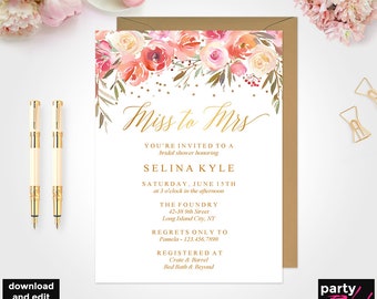 Miss to Mrs Bridal Shower Invitation Template, Floral Bridal Shower Instant Download, Gold Bridal Shower, Bridal Shower Printable, BRS12