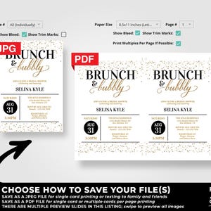 May include: A printable invitation for a brunch and bubbly bridal shower. The invitation features a gold glitter background with black text that reads "Brunch & Bubbly" and includes the bride's name, date, time, and location. The invitation is available in both JPG and PDF formats.