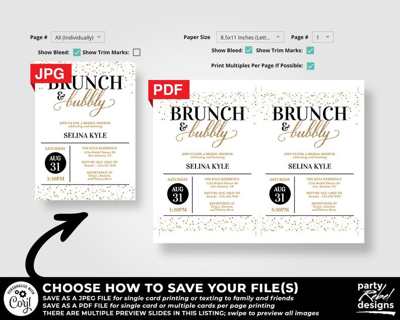 May include: A printable invitation for a brunch and bubbly bridal shower. The invitation features a gold glitter background with black text that reads "Brunch & Bubbly" and includes the bride's name, date, time, and location. The invitation is available in both JPG and PDF formats.