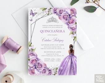 Lavender Purple Floral Quinceañera Editable Invitation Template, Silver Quinceañera, Mis Quince Años Floral Birthday Invitation, QC11