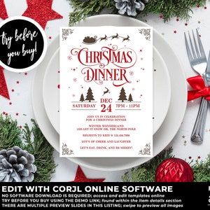 Christmas Dinner Invitation Printable Template, Christmas Party Template, Christmas Invitation, Editable Christmas Invitation, Corjl, CM06