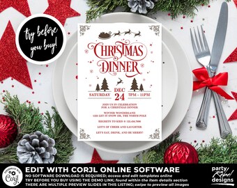 Christmas Dinner Invitation Printable Template, Christmas Party Template, Christmas Invitation, Editable Christmas Invitation, Corjl, CM06