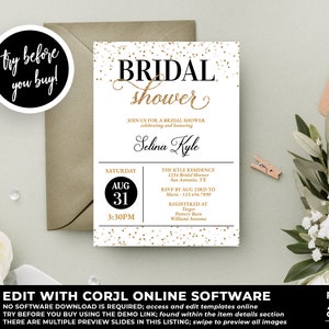 Bridal Shower Invitation Instant Download Template, Black and Gold Bridal Shower Invitation, Gold Bridal Shower Invitations, Corjl BRS48