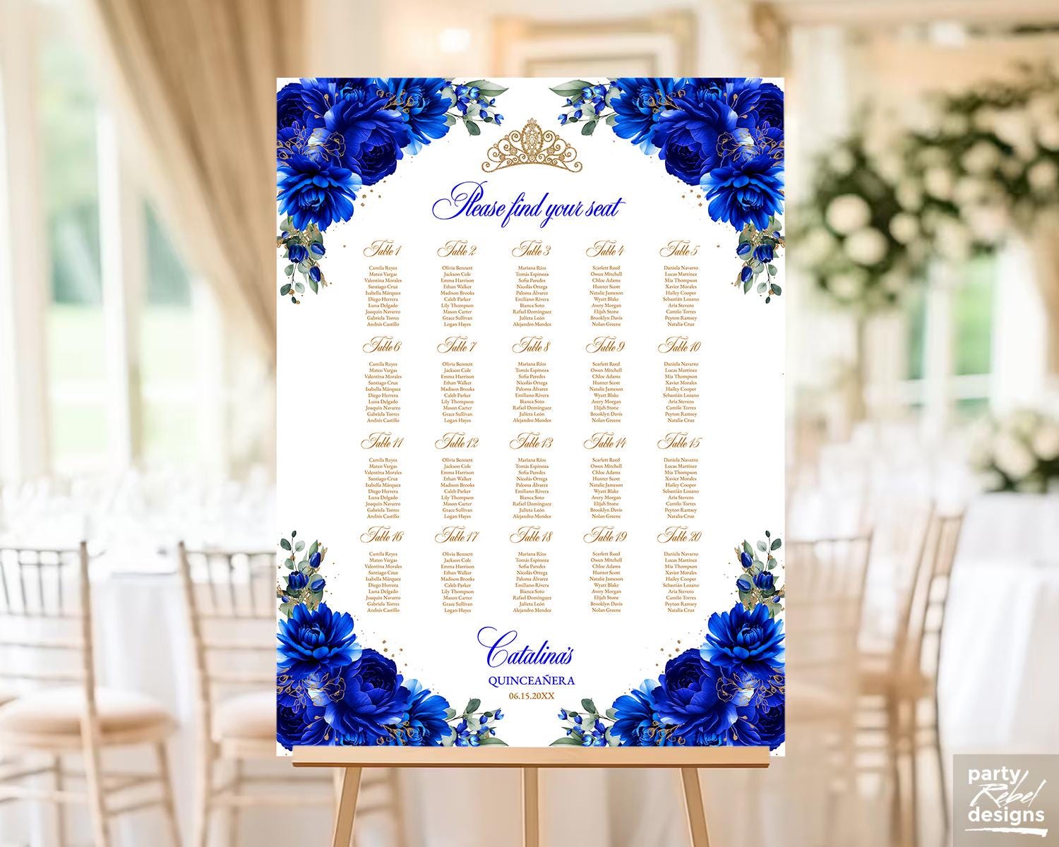 Royal Blue Quinceañera Seating Chart Sign, Editable Template, Elegant Floral Table Assignment Poster, Custom Sweet 16 Party Decor, QC16