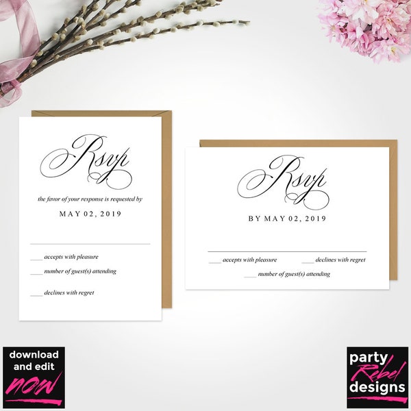 Classic RSVP Editable Template, Modern RSVP Card, Elegant RSVP Card, Wedding Response Card, Quinceañera Enclosure Card, diy rsvp, WS46