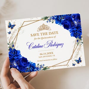 Royal Blue Floral Save the Date Quinceañera Invitation Editable Instant Download Template, Floral Sweet 16 Butterfly Birthday Template, QC16
