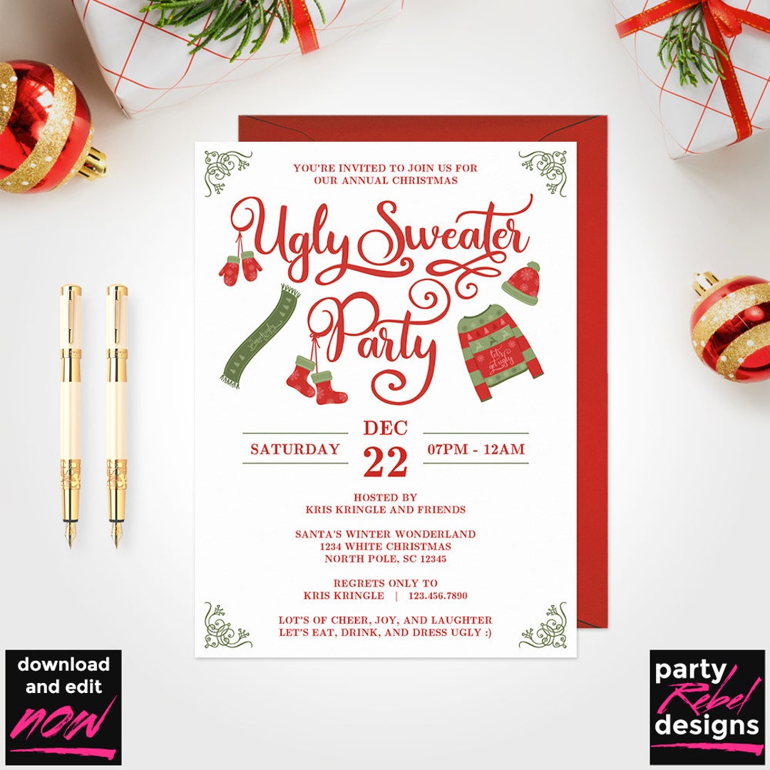 Ugly Sweater Party Invitation Printable Template, Christmas Party ...