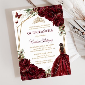 Elegant Burgundy Red & Gold Floral Quinceañera Invitation, Editable Template, Instant Download PDF, Quince Butterfly Sweet 16 Birthday, QC56