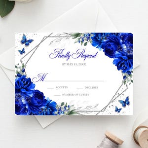 Royal Blue Floral RSVP Editable Invitation Template Instant Download, Quinceañera Kindly Reply Butterfly Card, Sweet 16, RSVP16