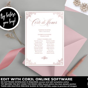 Quinceañera Court of Honor Spanish Card, Corte de Honor Card, Mis Quince, Rose Gold Quinceañera Template, Mis Quince Años, QC50