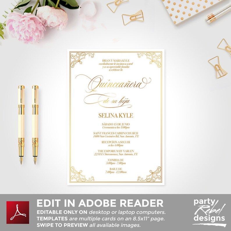 Quinceañera Invitation Instant Mis Quince Gold Printable 15 Years Old Diy Bd78