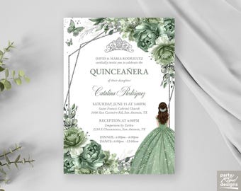 Sage Green Floral Quinceañera Invitation Editable Template Instant Download, Silver Glitter Princess Butterfly Sweet 16 Invitation, QC34