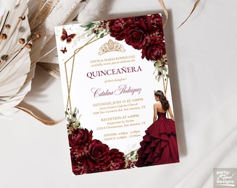 May include: A quinceañera invitation card with a burgundy and gold design. The card features floral accents, butterflies, and the text "QUINCEAÑERA" and "Catalina Rodriguez". The invitation includes event details and a graphic of a woman in a formal gown.