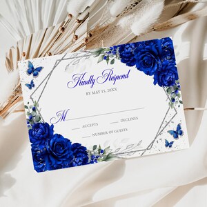 Royal Blue Floral RSVP Invitation Editable Template Instant Download, Quinceañera Kindly Reply Butterfly Card, Sweet 16, RSVP49