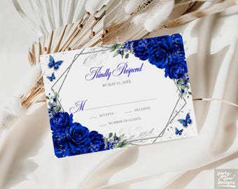 Royal Blue Floral RSVP Invitation Editable Template Instant Download, Quinceañera Kindly Reply Butterfly Card, Sweet 16, RSVP49