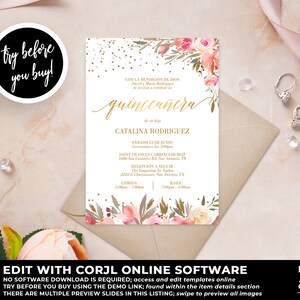 Quinceañera Invitation Template Instant Download, Mis Quince, Floral Quinceañera Invitation, Gold Quinceañera Invitation, Corjl QC72