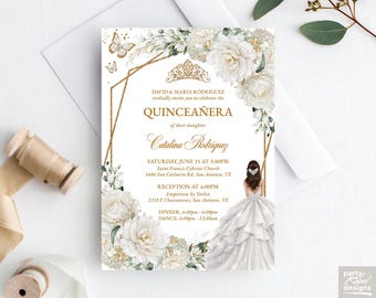 May include: Gold and white quinceañera invitation with a floral design and a silhouette of a girl in a white dress. The text reads "David & Maria Rodriguez cordially invite you to celebrate the Quinceañera of their daughter Catalina Rodriguez".