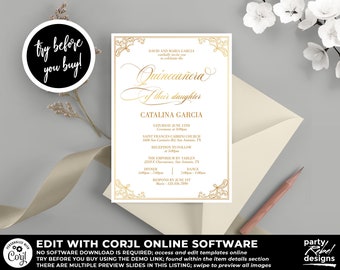 Quinceañera Invitation Instant Download, Mis Quince, Gold Quinceañera, Printable Quinceañera, Quince, English Quinceañera Invitation, QC78