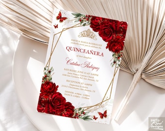Editable Red & Gold Floral Quinceañera Invitation Template, Quince Años Corjl Instant Download PDF, Butterfly Sweet 16 Birthday Invite, QC55