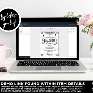May include: A computer screen displaying a black and white Halloween dinner invitation with a spooky design. The invitation includes the text "HALLOWEEN dinner". The text "DEMO LINK FOUND WITHIN ITEM DETAILS" is displayed below the computer screen.