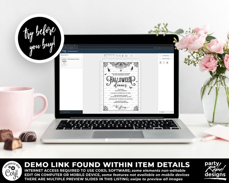 May include: A computer screen displaying a black and white Halloween dinner invitation with a spooky design. The invitation includes the text "HALLOWEEN dinner". The text "DEMO LINK FOUND WITHIN ITEM DETAILS" is displayed below the computer screen.