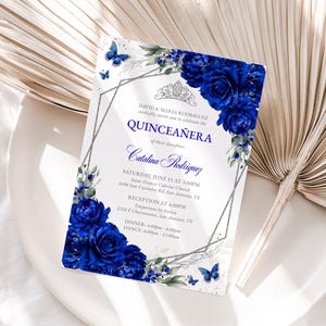 Royal Blue Floral Quinceañera Invitation Editable Instant Download Template, Butterfly Silver Sweet 16 Birthday Invitation Quince Años, QC49