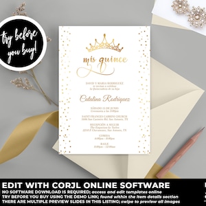 Quinceañera Party Invitation Template, Mis Quince Años, Gold Quinceañera, Printable Quinceañera Instant Download Invitation, Princess, QC35