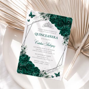 Editable Emerald Green Silver Floral Quinceañera Invitation, Butterfly Sweet 16 Birthday Invite, Instant Download Printable PDF, Corjl QC52