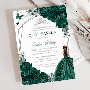 Emerald Green & Silver Floral Quinceañera Invitation, Quince XV Invite, Sweet 16 Birthday Card, Instant Download, Editable Template, QC52