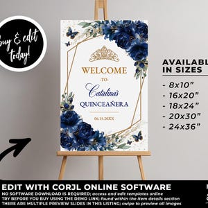 Navy Blue Floral Quinceañera Welcome Sign Editable Template, Gold Quinceañera Poster, Mis Quince Años, Watercolor Floral Birthday Sign, QC24 bild 2