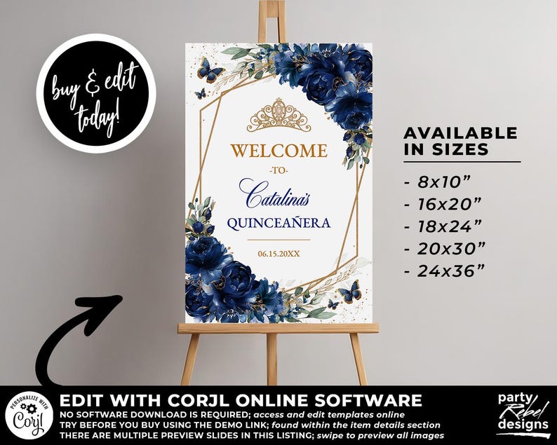 Navy Blue Floral Quinceañera Welcome Sign Editable Template, Gold Quinceañera Poster, Mis Quince Años, Watercolor Floral Birthday Sign, QC24 bild 2