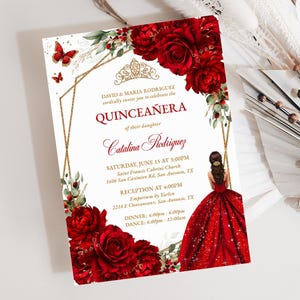 Elegant Red & Gold Floral Quinceañera Invitation, Editable Template, Instant Download PDF, Butterfly Sweet 16 Birthday, Quince Años, QC55