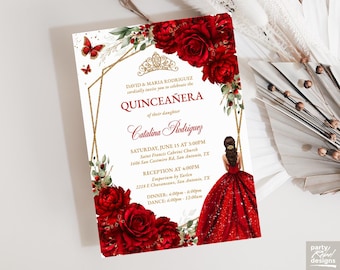 Elegant Red & Gold Floral Quinceañera Invitation, Editable Template, Instant Download PDF, Butterfly Sweet 16 Birthday, Quince Años, QC55