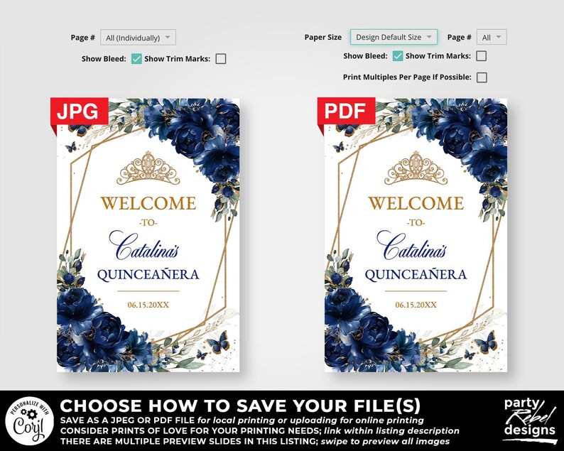 Navy Blue Floral Quinceañera Welcome Sign Editable Template, Gold Quinceañera Poster, Mis Quince Años, Watercolor Floral Birthday Sign, QC24 bild 4