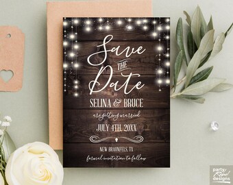 Rustic Wood Save The Date Invitation Editable Instant Download Template, Hanging String Lights Farmhouse Invite Digital Download, STD14